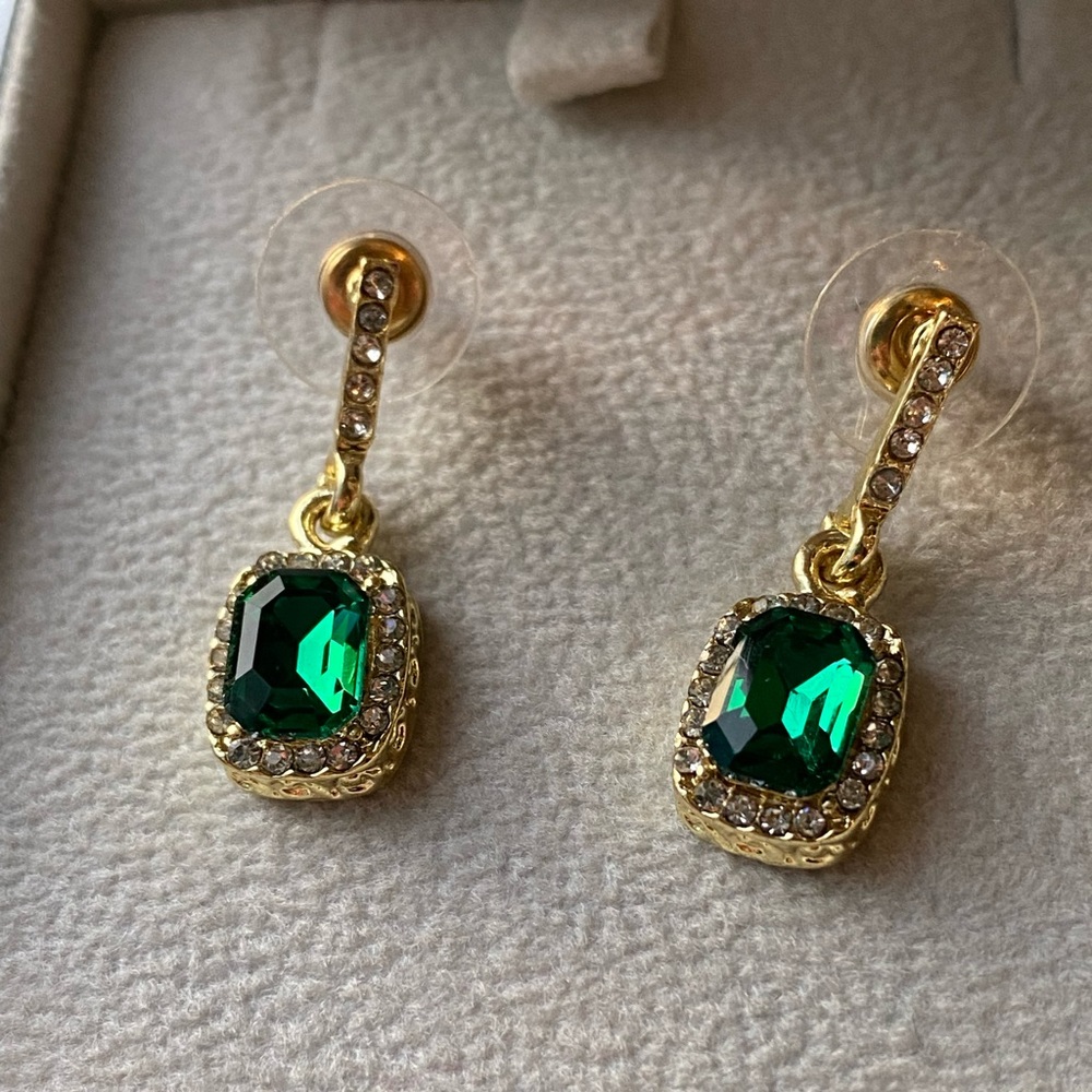 Gold and Green Gemstone Drop Earrings - Picture 3 of 6